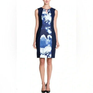Kay Unger Cloud print blue sleeveless keyhole sheath dress, 10